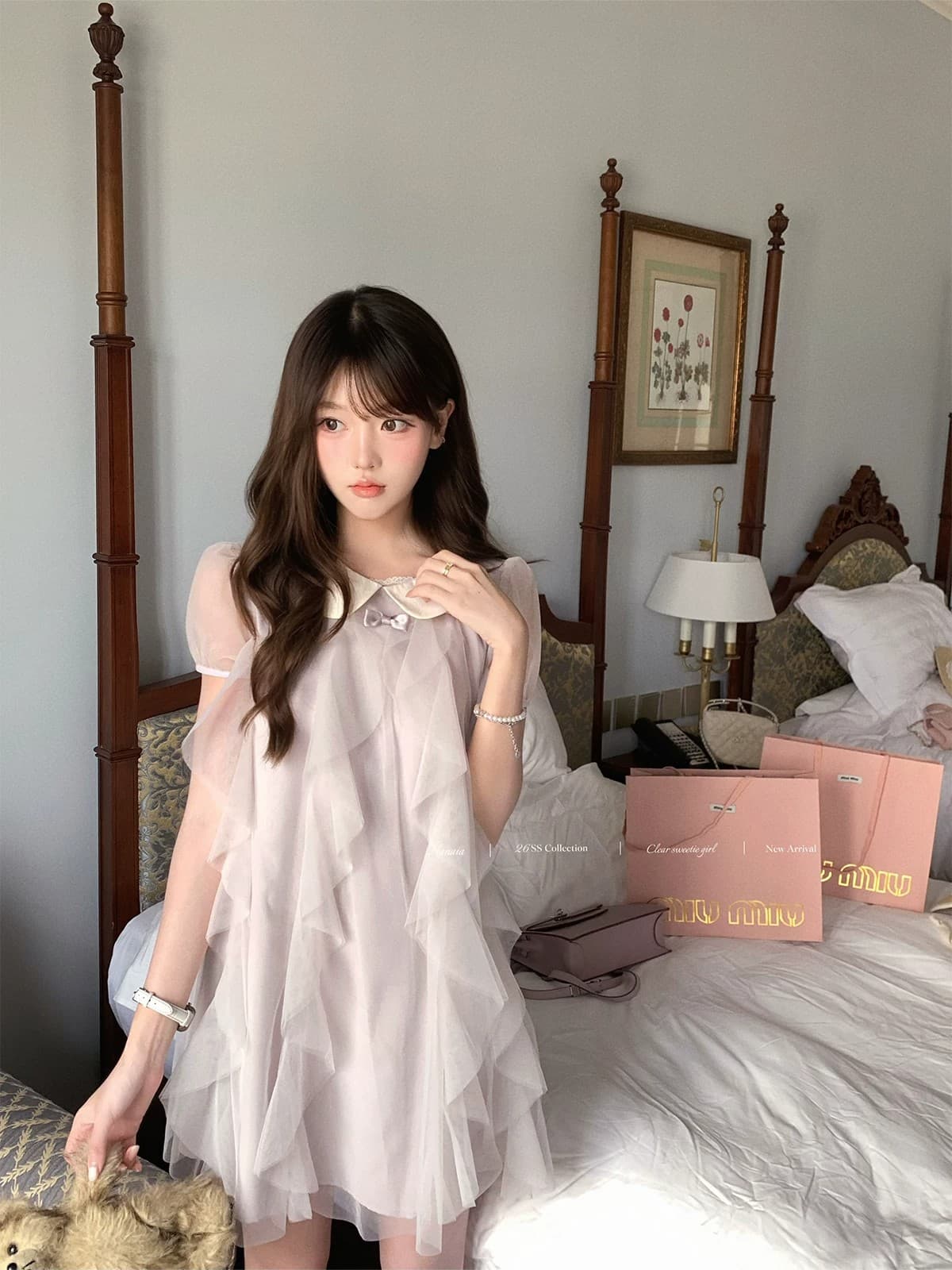 달콤한 수선화 포도 작은 천사 달콤한 스타일 베이비 칼라 여성 드레스 여름 연령 감소 반팔 허리 수축 슬림해 보이는 치마 이미지 2
