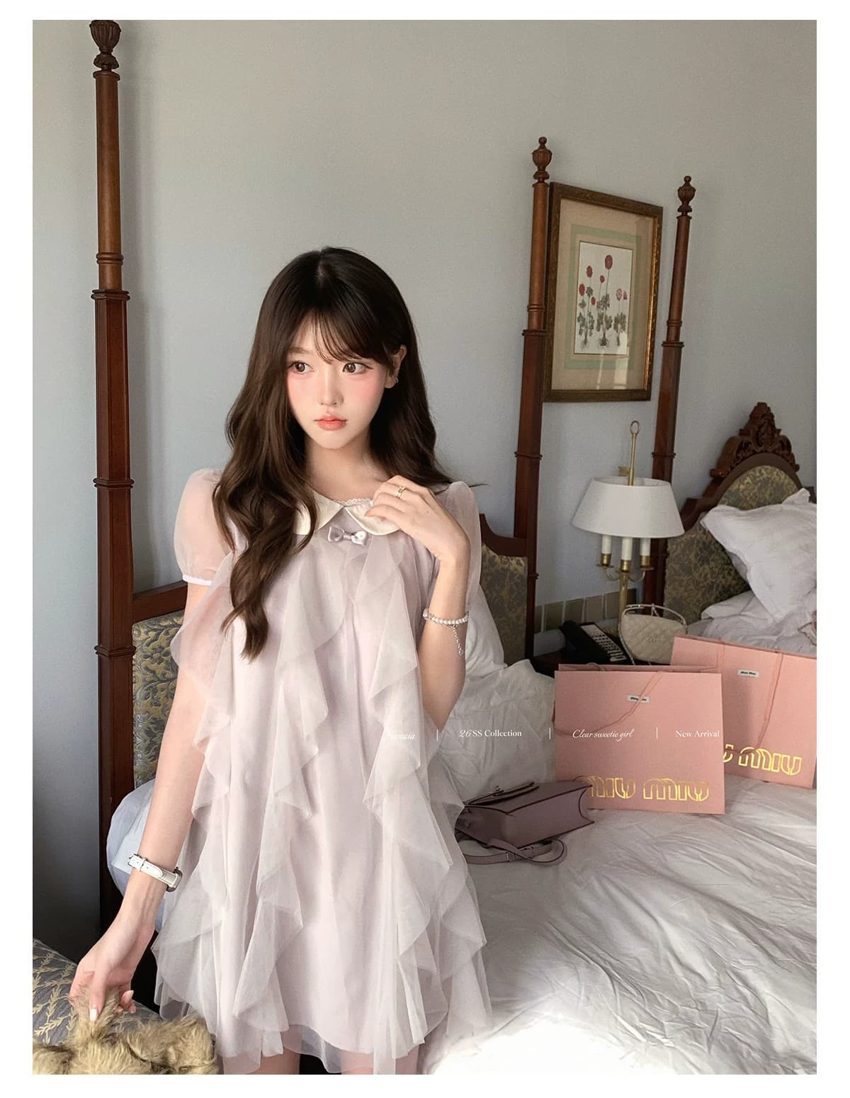 달콤한 수선화 포도 작은 천사 달콤한 스타일 베이비 칼라 여성 드레스 여름 연령 감소 반팔 허리 수축 슬림해 보이는 치마 상세 이미지 7
