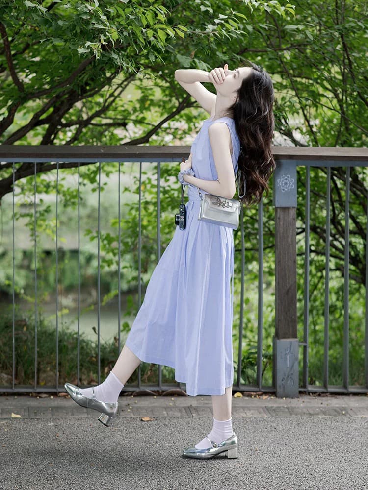 프랑스식 부드러운 바람 보라색 민소매 조끼 여성 드레스 여름 작은 키 연령 감소 허리 수축 투피스 슈트 치마 상세 이미지 4
