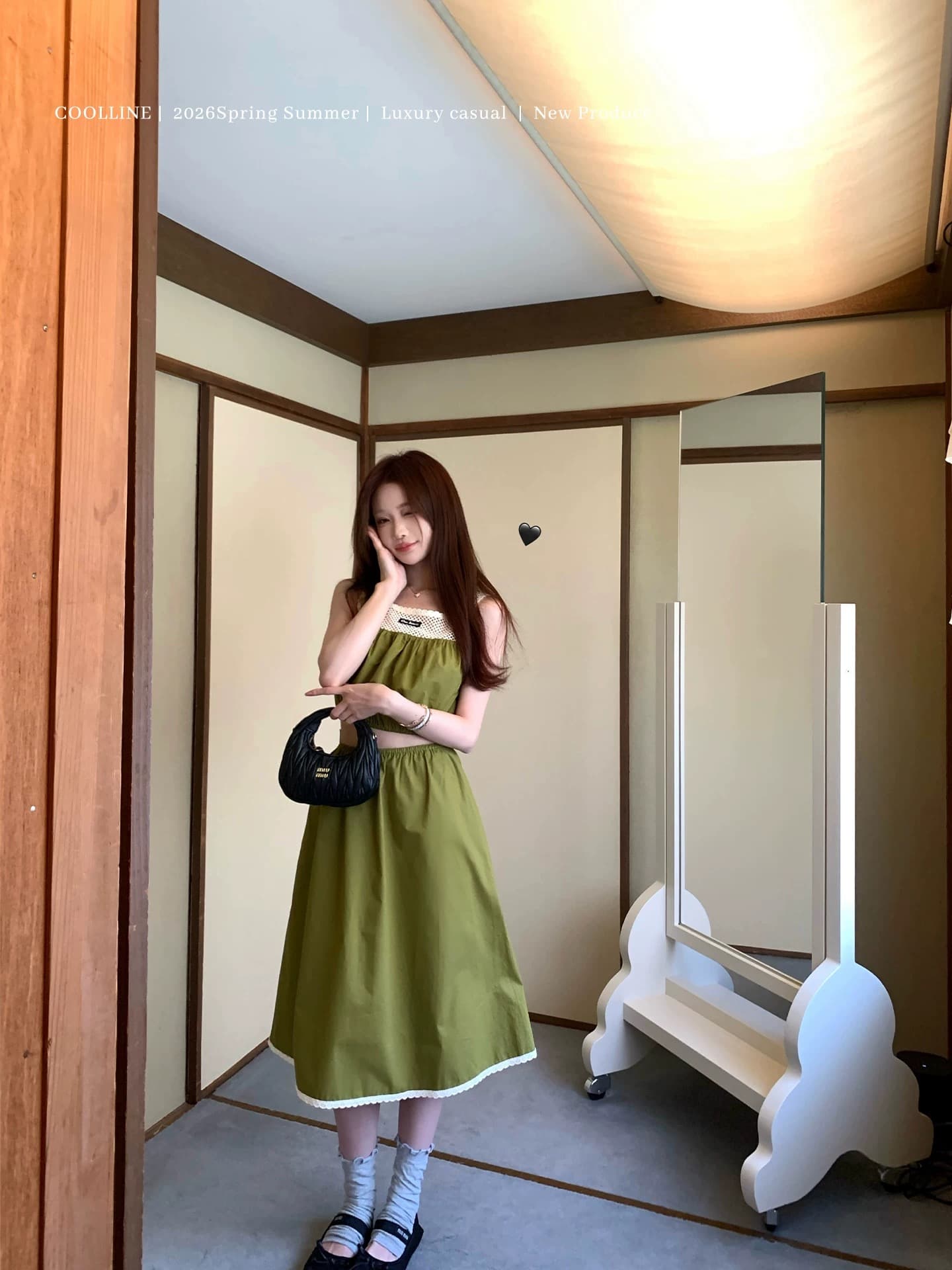 롯폰기 초기 방문 miu 부서 이끼 녹색 인형 치마 롱 스커트 세트 그룹 이미지 2