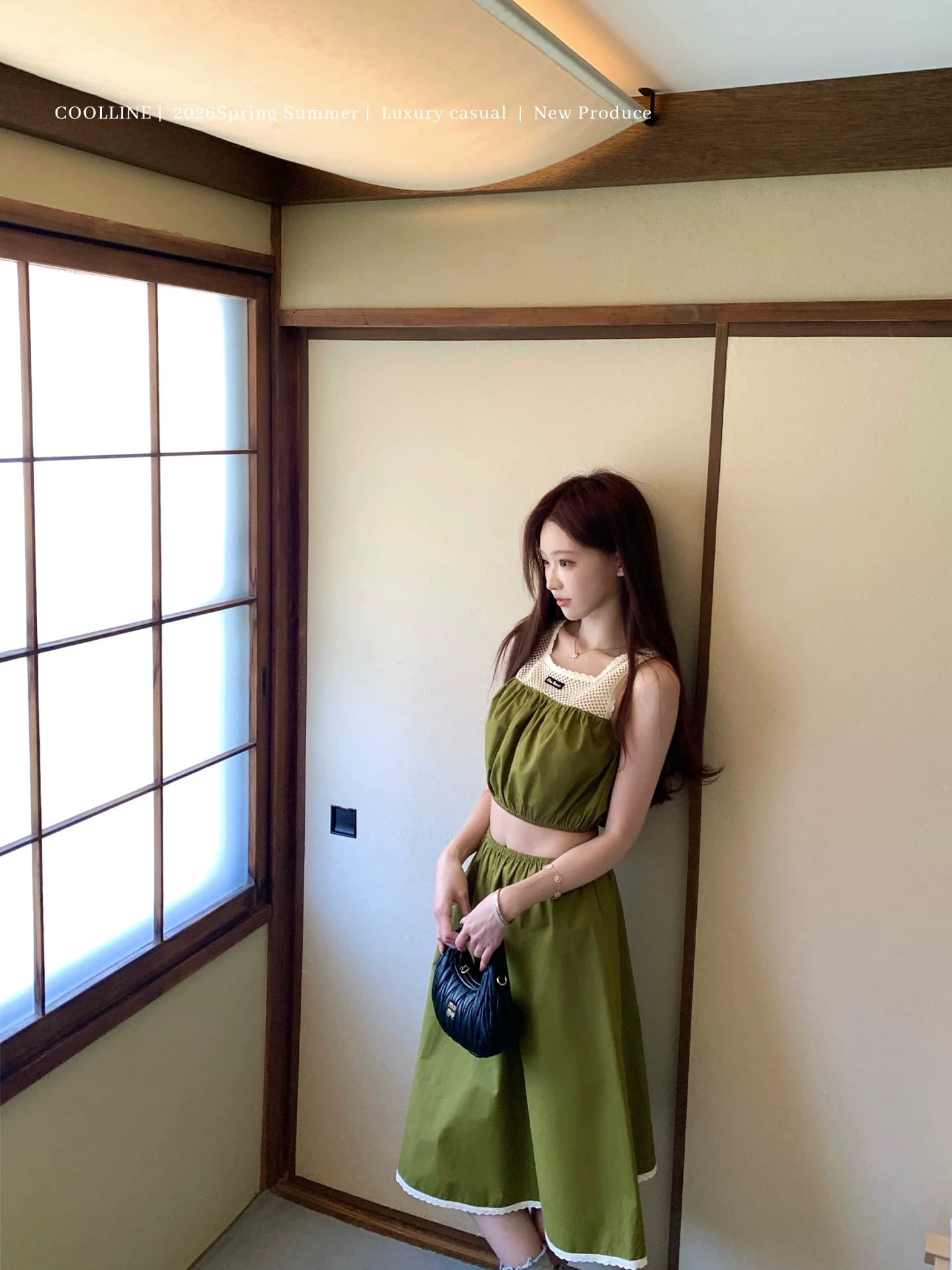 롯폰기 초기 방문 miu 부서 이끼 녹색 인형 치마 롱 스커트 세트 그룹 상세 이미지 2