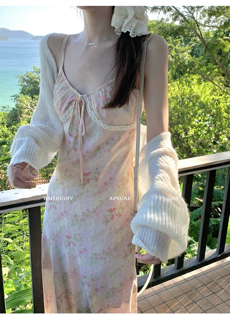 화이트 워터 여성 봄날 작은 꽃 꽃무늬 슬립 레이스 드레스 이미지 2