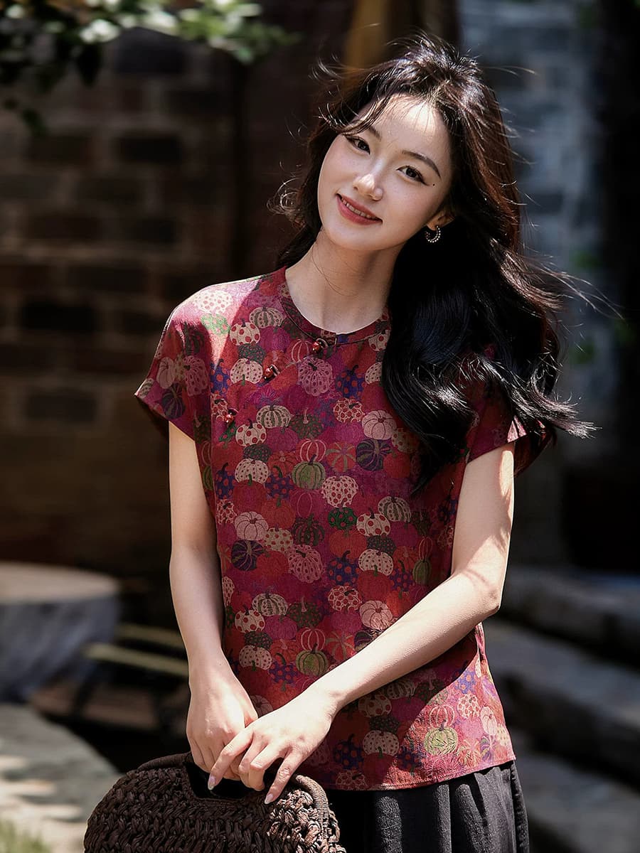 朱颜 술에 취한 새로운 중식 꽃 루오 붉은 구름 실 프린트 맨위 여성 26 여름 새로운 상세 이미지 4