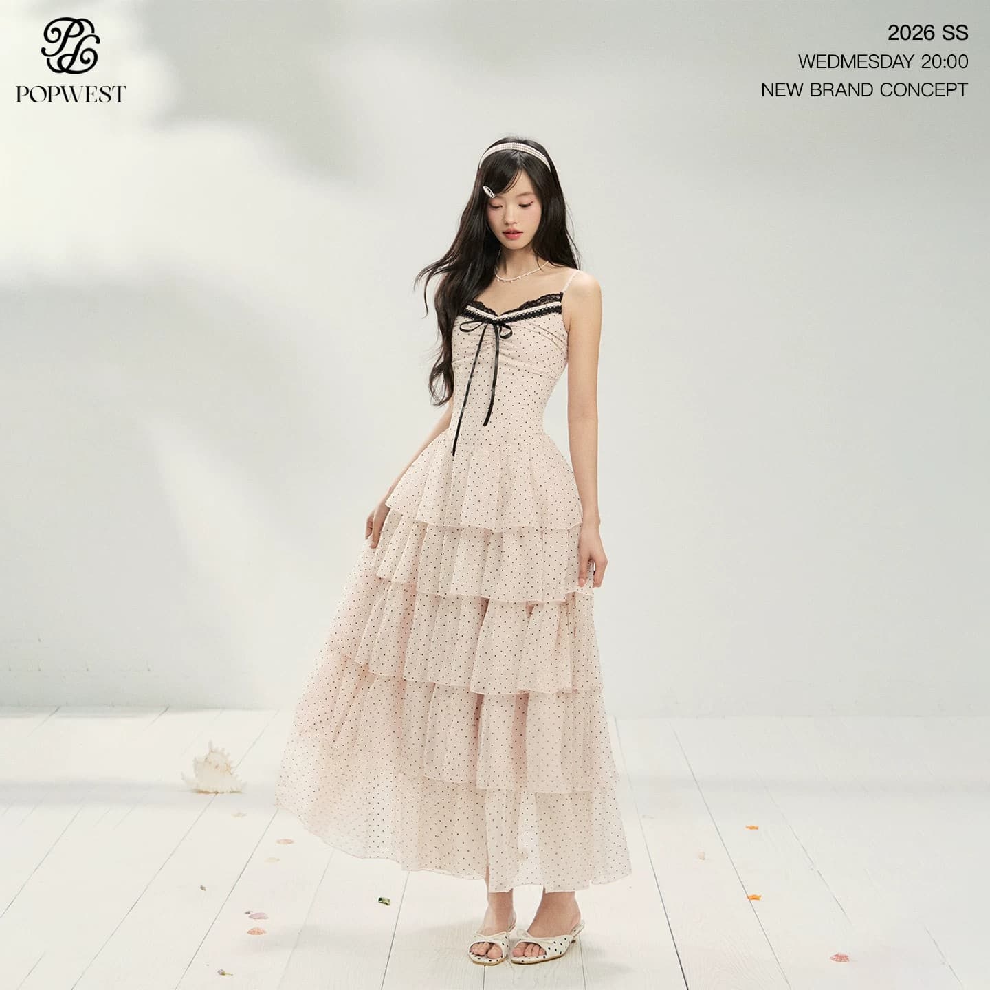 휴일 휴가 바람 핑크색 도트 무늬 슬립 드레스 다중 레이어 레이스 몸매 가꾸기 케이크 롱 스커트 이미지 3
