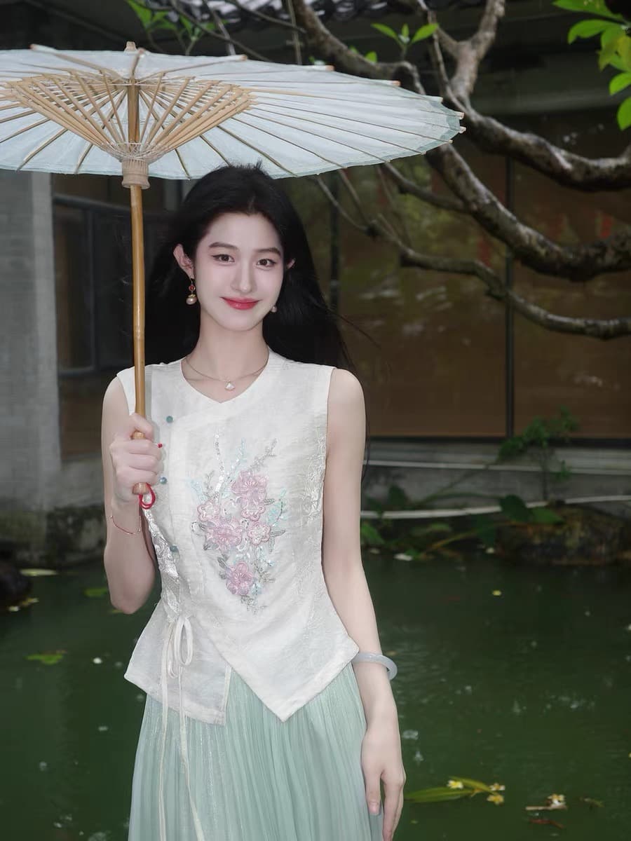 링 茜 거만한 와우 구름 객실 棠 꽃 새로운 중식 무거운 작업 구슬 조각 자수 조끼 여자 여름 도루 센스 암퇘지 빛 와이드 레그 팬츠 상세 이미지 3