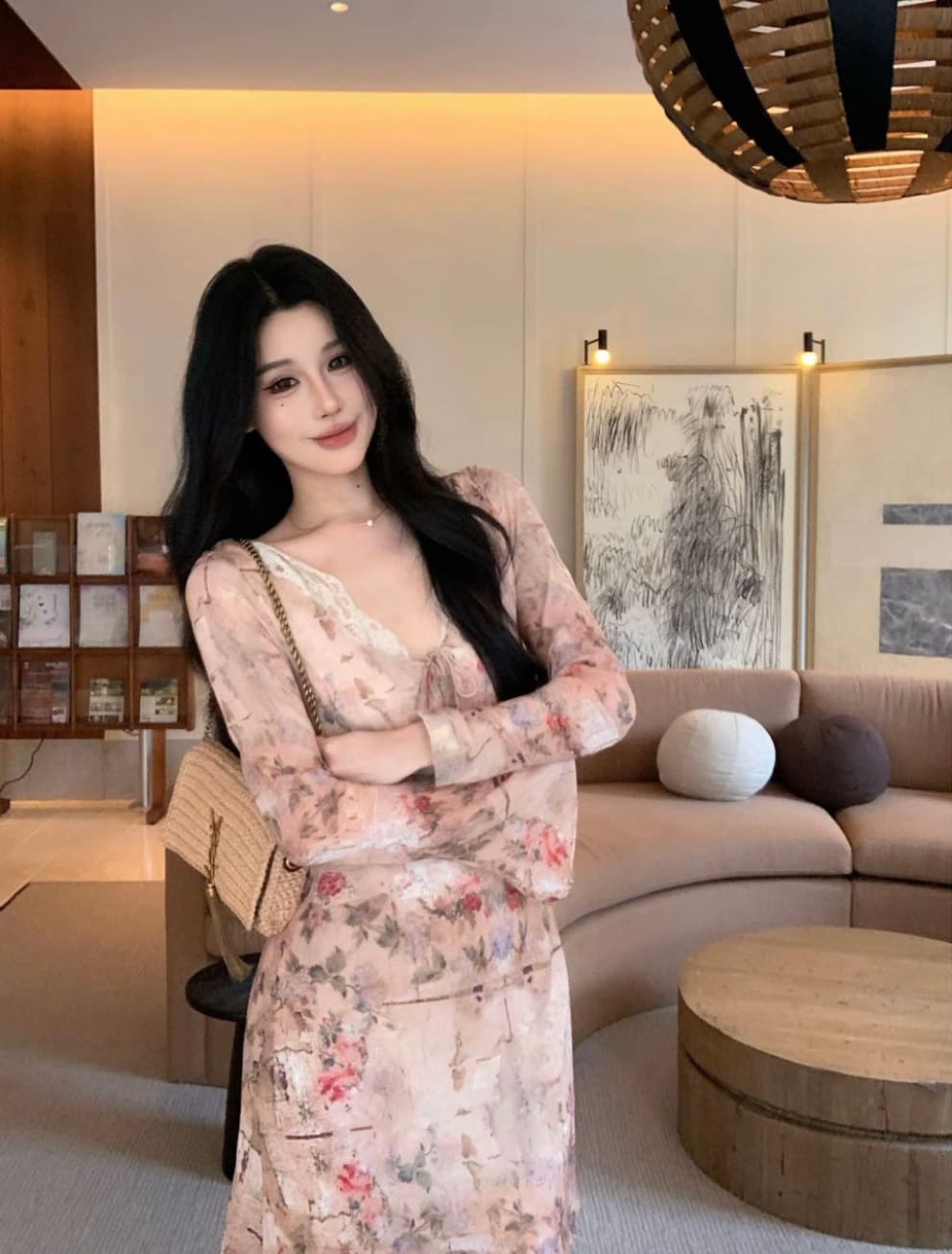 liora 오래된 흔적 프랑스식 품격 허리 수축 슬림해 보이는 프린트 나팔 소매 드레스 상세 이미지 7