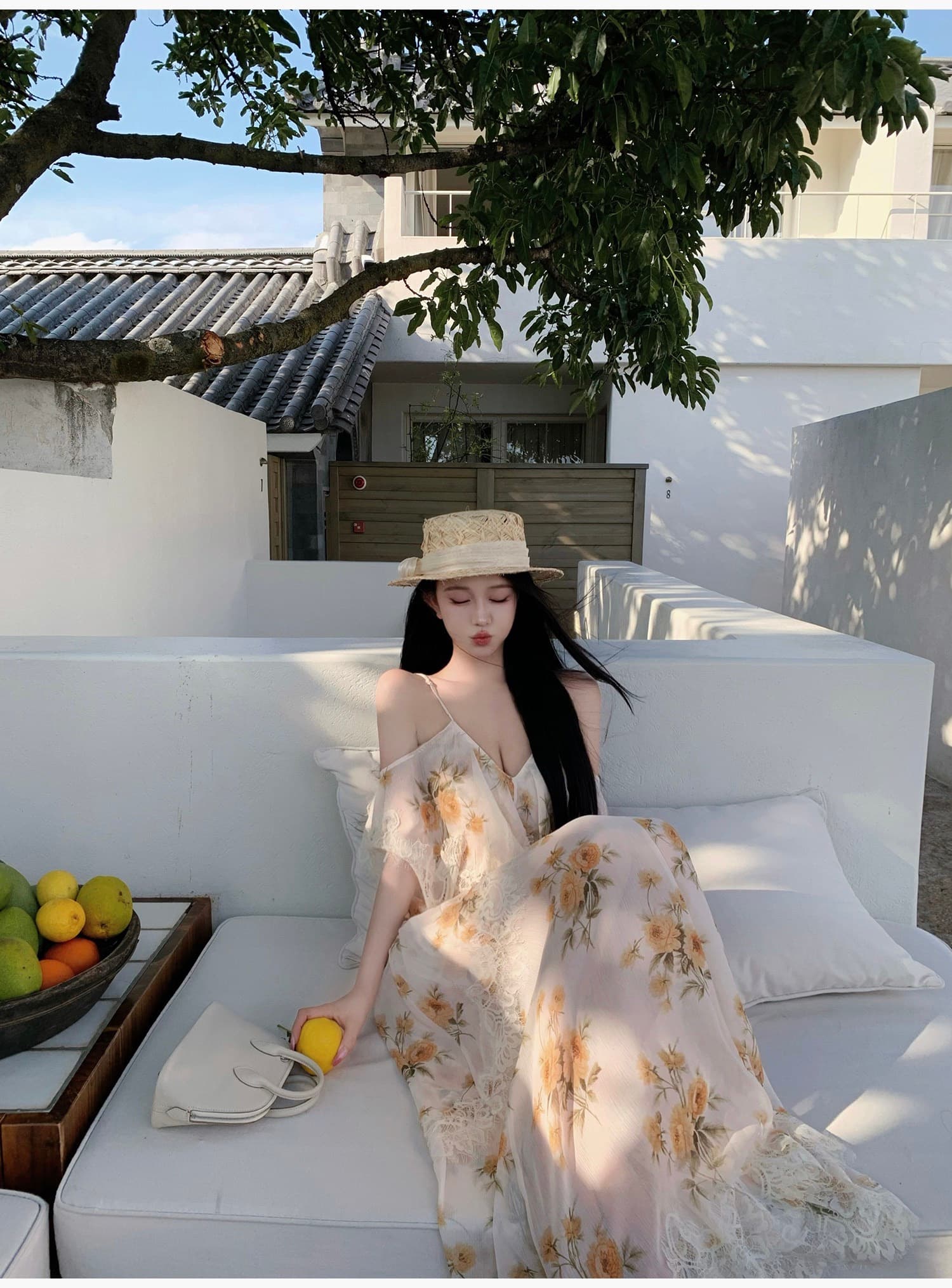 프랑스식 레트로 꽃무늬 황색 슬립 드레스 디자인 센스 작은 대중 허리 수축 슬림해 보이는 길다 치마 이미지 2