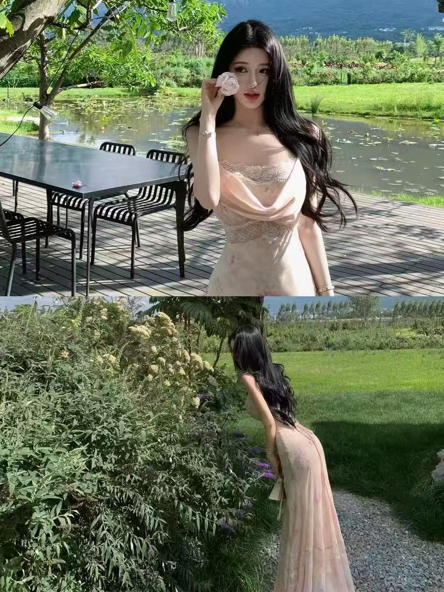 jayky yang 꽃 신 푸 로라 프랑스식 흔들다 칼라 레이스 조각 드레스 프린트 롱 코트 슬립 드레스 이미지 3