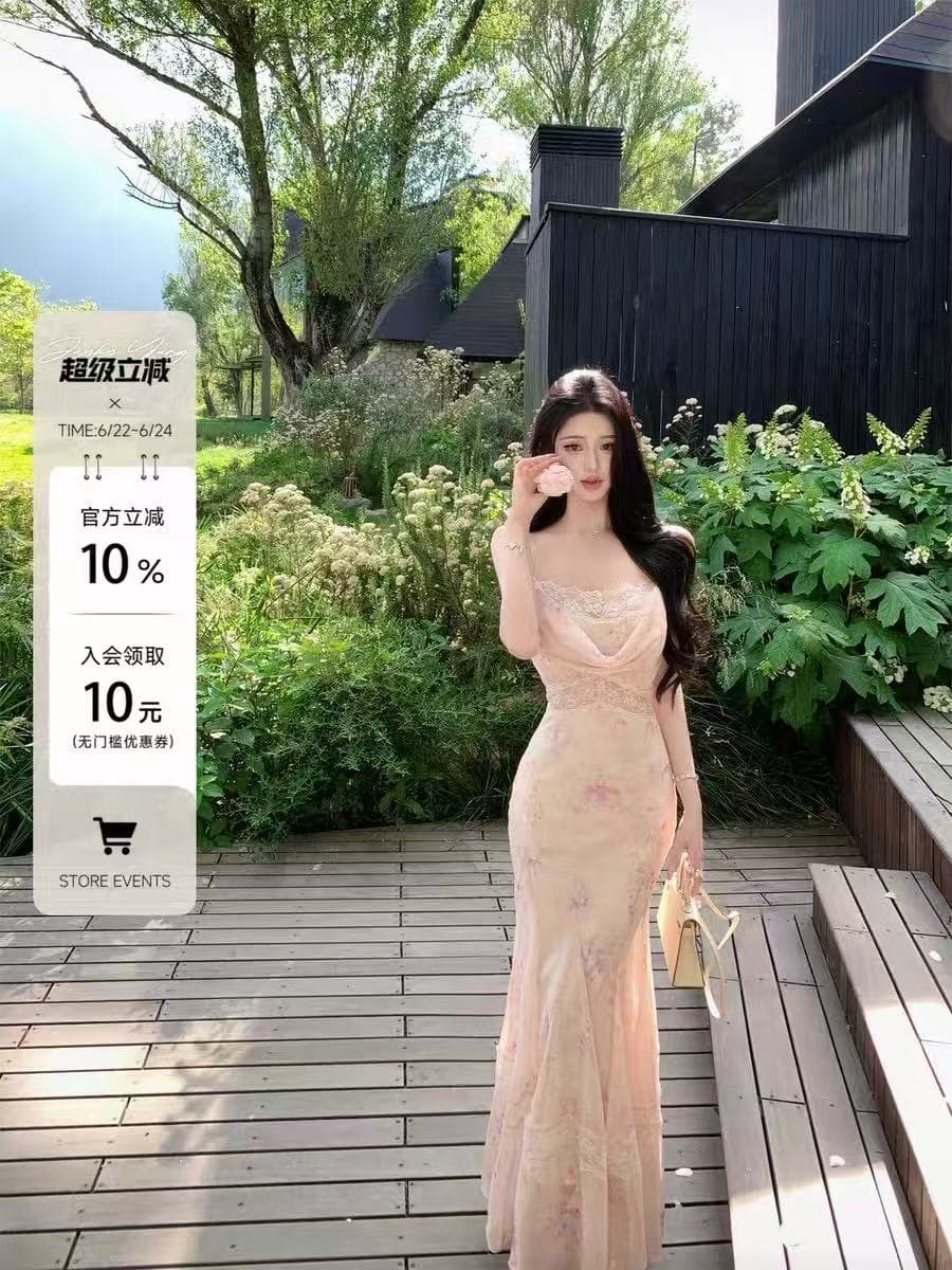 jayky yang 꽃 신 푸 로라 프랑스식 흔들다 칼라 레이스 조각 드레스 프린트 롱 코트 슬립 드레스 상세 이미지 1