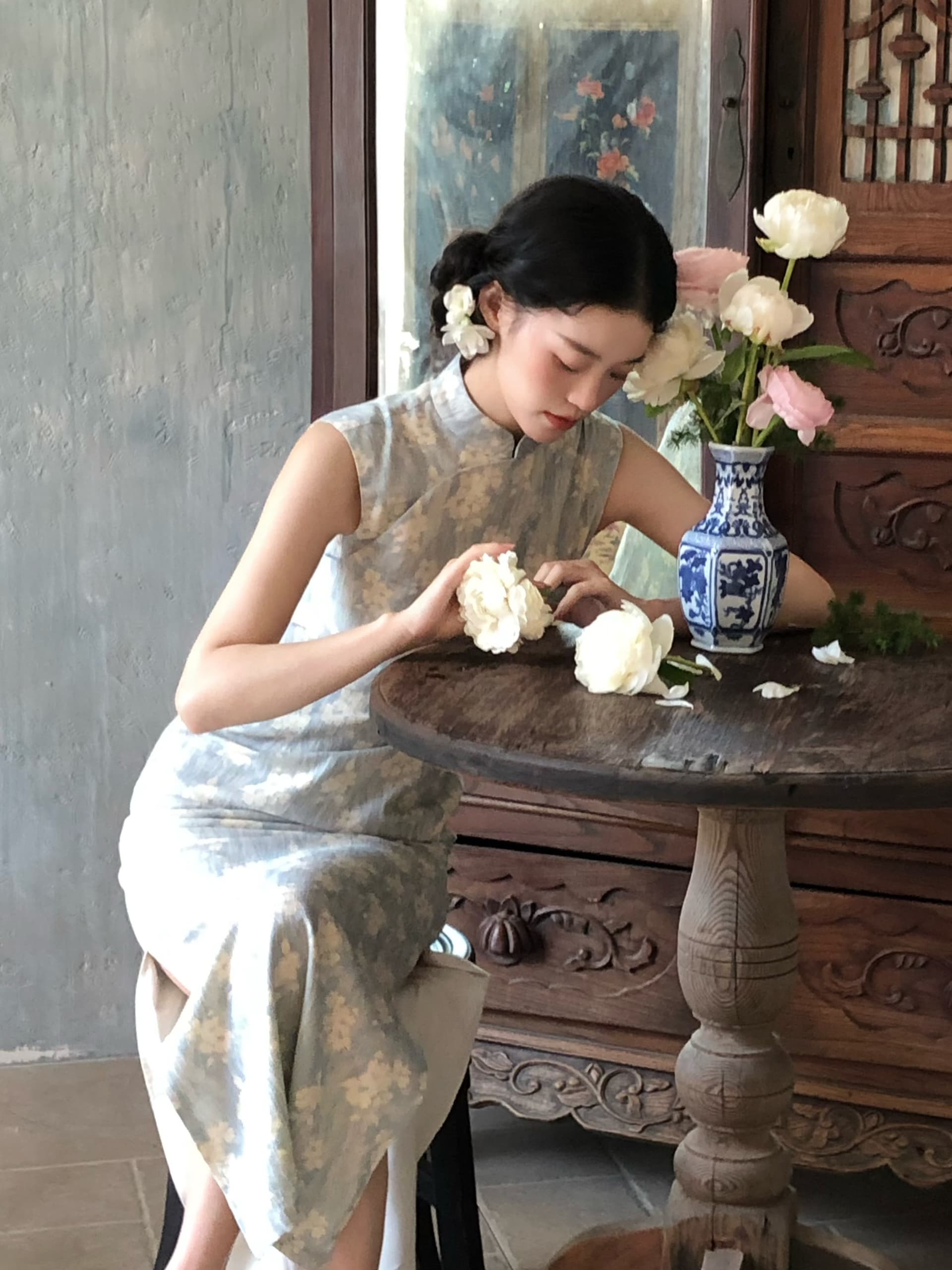 ti 리프트 灼灼 하늘색 항구 일 중식 개선 민소매 국풍 롱 코트 치파오 봄 여름 품격 롱 스커트 상세 이미지 8
