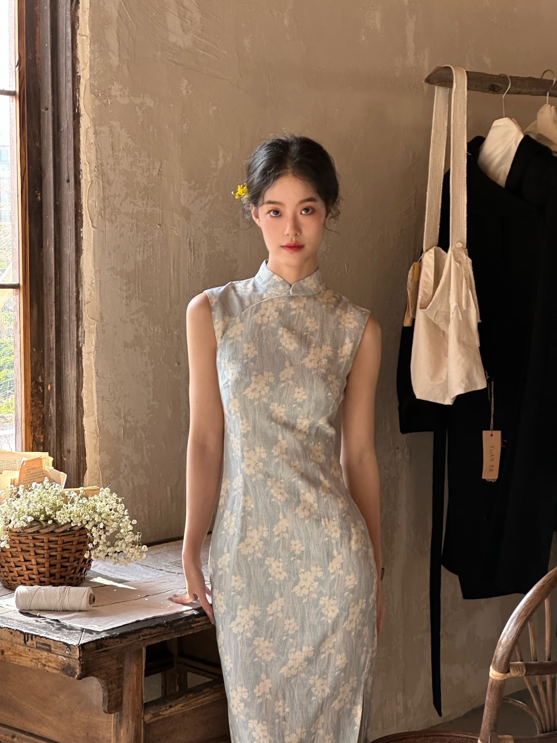 ti 리프트 灼灼 하늘색 항구 일 중식 개선 민소매 국풍 롱 코트 치파오 봄 여름 품격 롱 스커트 상세 이미지 14