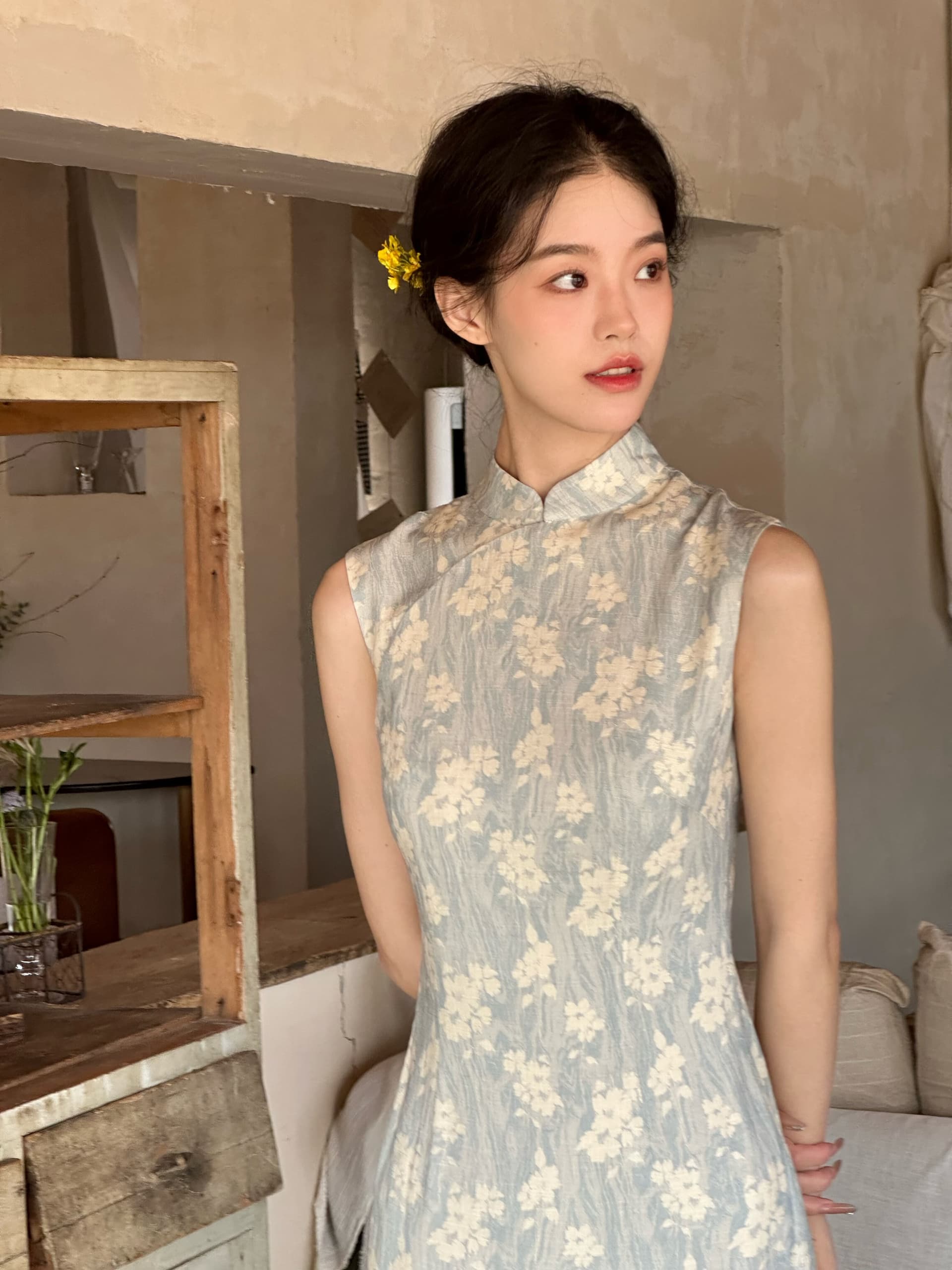 ti 리프트 灼灼 하늘색 항구 일 중식 개선 민소매 국풍 롱 코트 치파오 봄 여름 품격 롱 스커트 상세 이미지 16