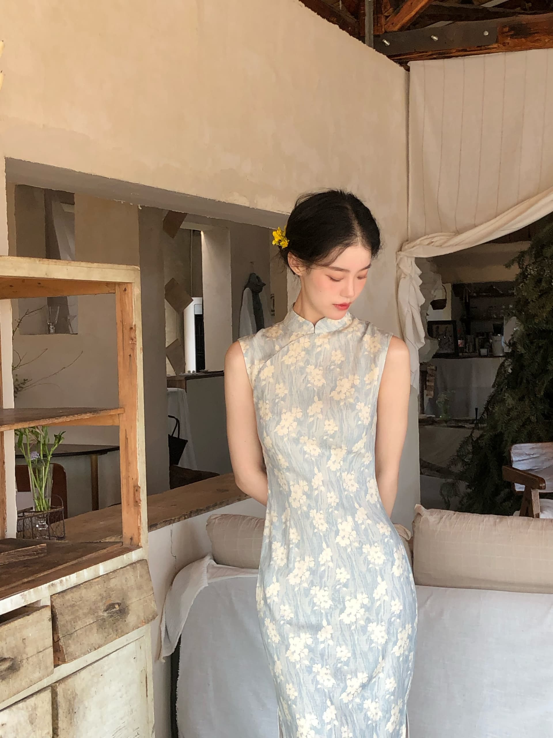 ti 리프트 灼灼 하늘색 항구 일 중식 개선 민소매 국풍 롱 코트 치파오 봄 여름 품격 롱 스커트 상세 이미지 20