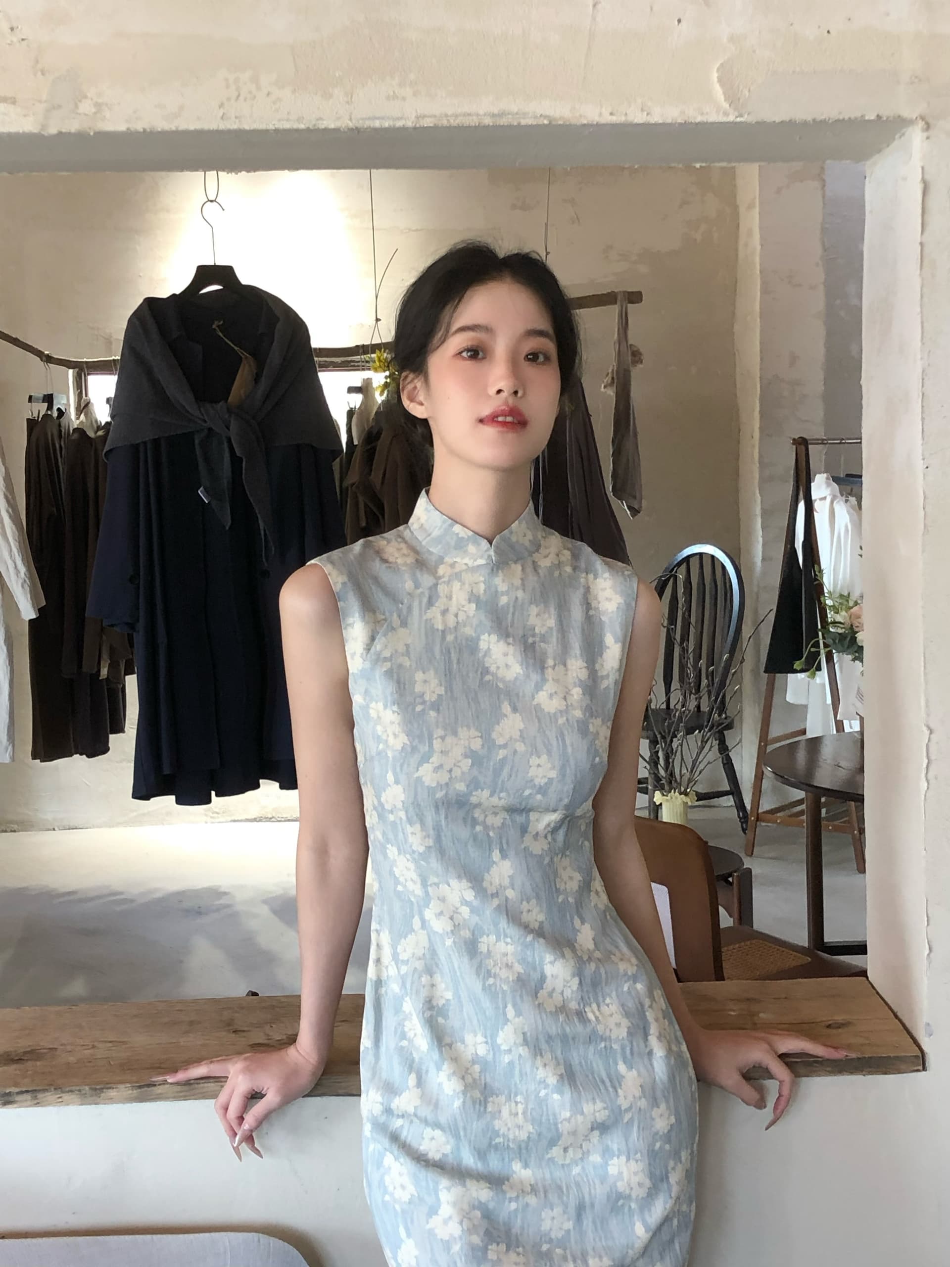 ti 리프트 灼灼 하늘색 항구 일 중식 개선 민소매 국풍 롱 코트 치파오 봄 여름 품격 롱 스커트 상세 이미지 21
