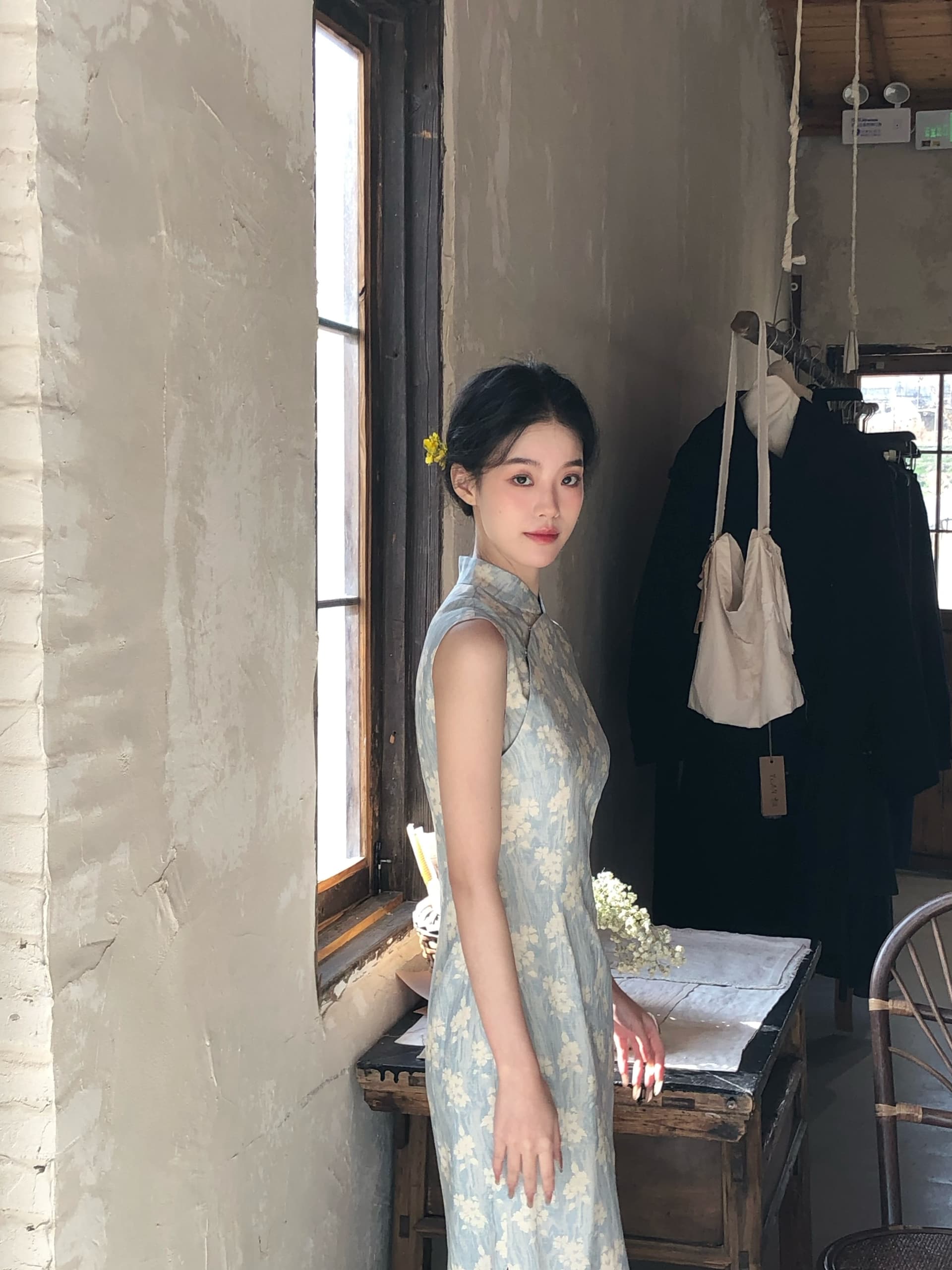 ti 리프트 灼灼 하늘색 항구 일 중식 개선 민소매 국풍 롱 코트 치파오 봄 여름 품격 롱 스커트 상세 이미지 22