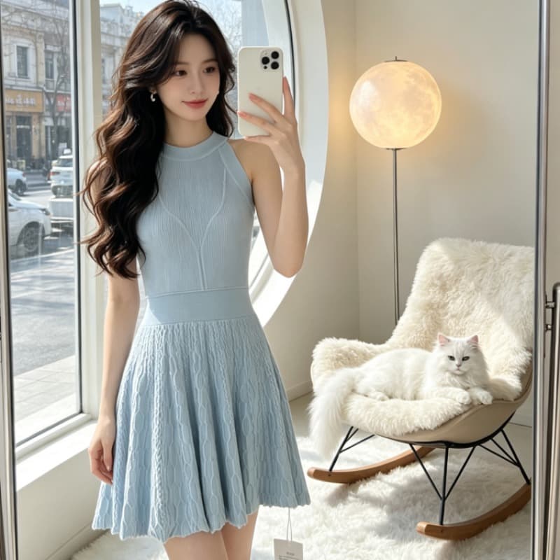 okmashop 순수한 흰색 사랑 행침 목 니트 여성 드레스 봄 여름 품격 고급 센스 몸매 가꾸기 허리 수축 치마 이미지 5