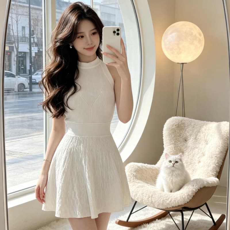 okmashop 순수한 흰색 사랑 행침 목 니트 여성 드레스 봄 여름 품격 고급 센스 몸매 가꾸기 허리 수축 치마 이미지 2
