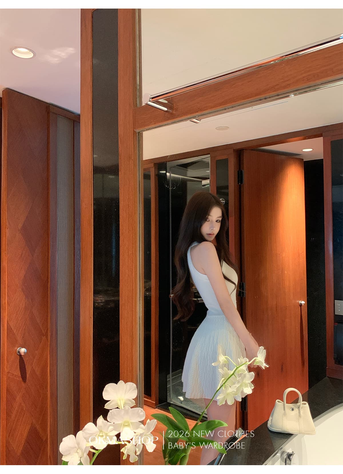 okmashop 순수한 흰색 사랑 행침 목 니트 여성 드레스 봄 여름 품격 고급 센스 몸매 가꾸기 허리 수축 치마 상세 이미지 28