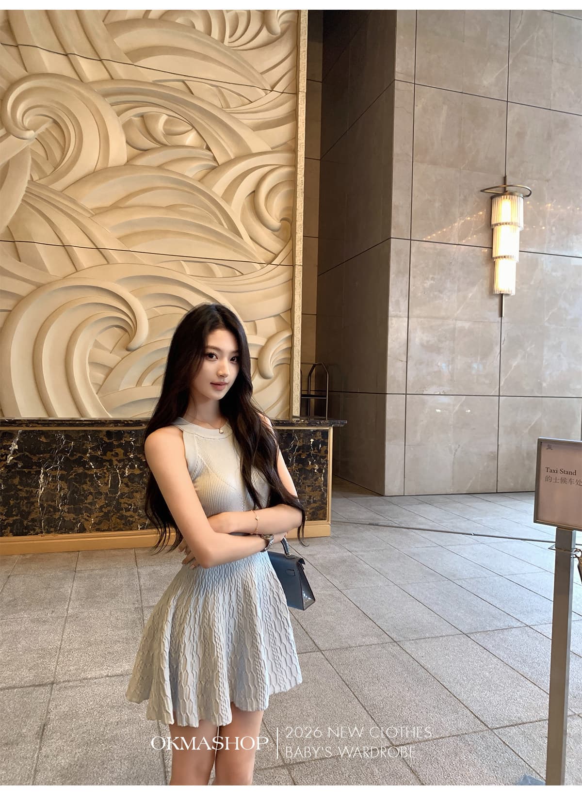 okmashop 순수한 흰색 사랑 행침 목 니트 여성 드레스 봄 여름 품격 고급 센스 몸매 가꾸기 허리 수축 치마 상세 이미지 30