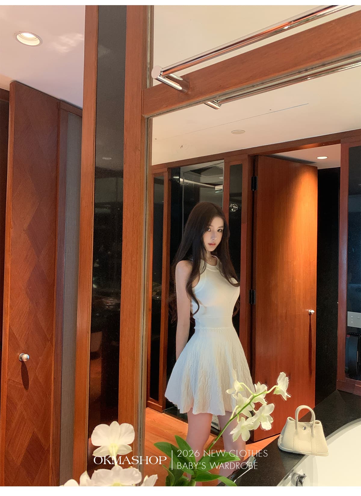 okmashop 순수한 흰색 사랑 행침 목 니트 여성 드레스 봄 여름 품격 고급 센스 몸매 가꾸기 허리 수축 치마 상세 이미지 34