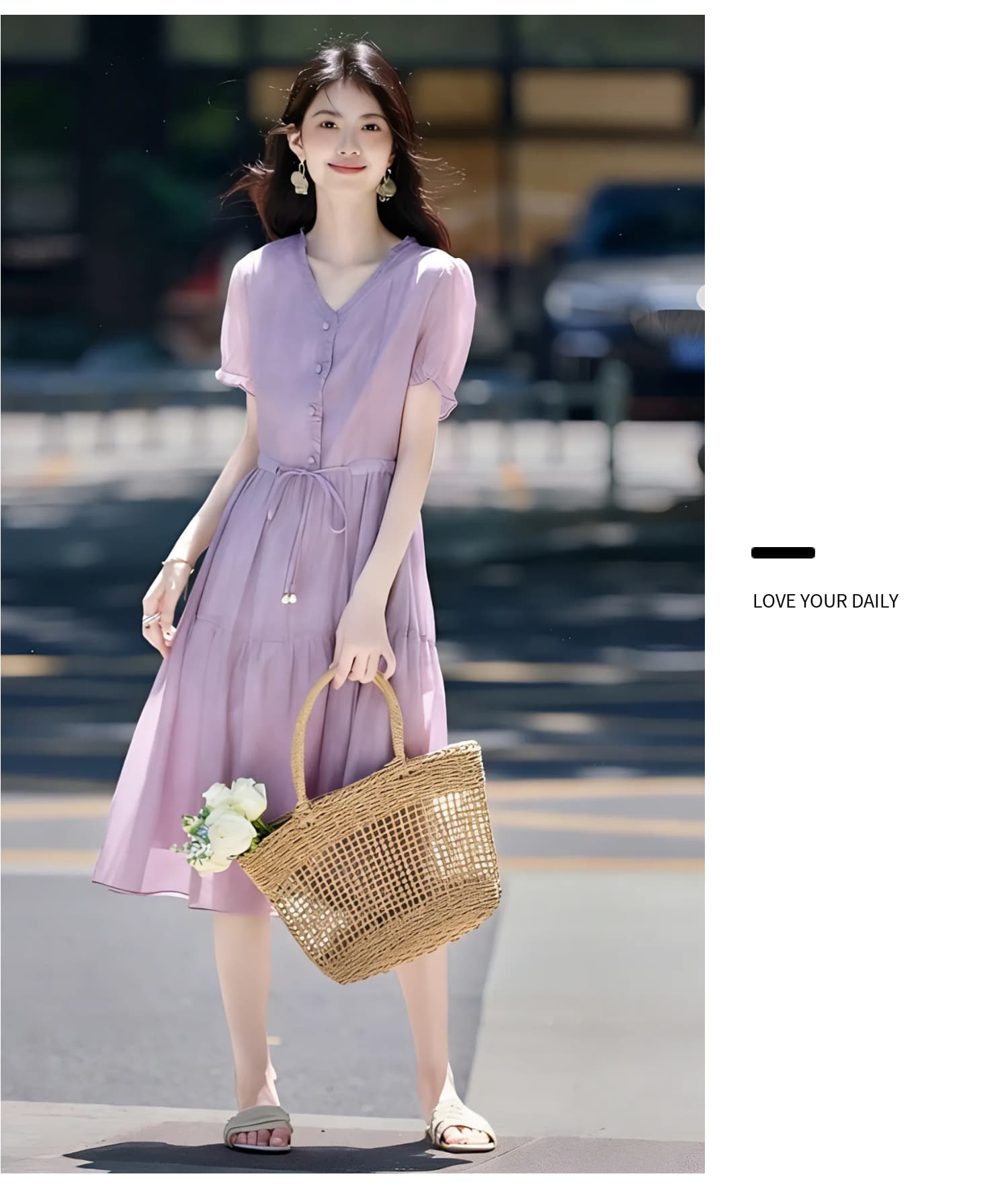 우아함 품격 진주 레이스업 주름 칼라 단색 치마 여성용 짧은 소매 여름 새로운 보라색 V넥 드레스 상세 이미지 6