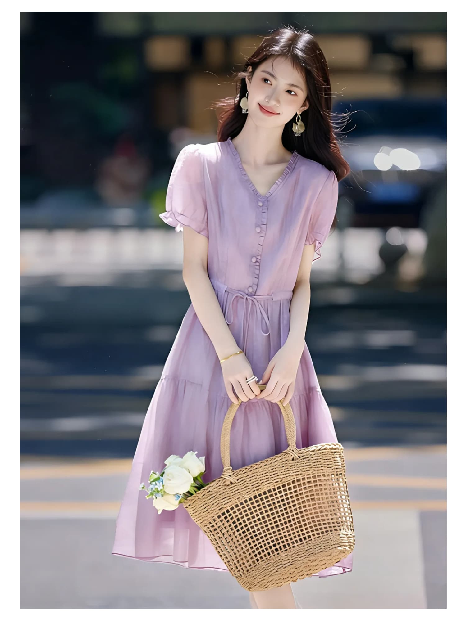 우아함 품격 진주 레이스업 주름 칼라 단색 치마 여성용 짧은 소매 여름 새로운 보라색 V넥 드레스 상세 이미지 7