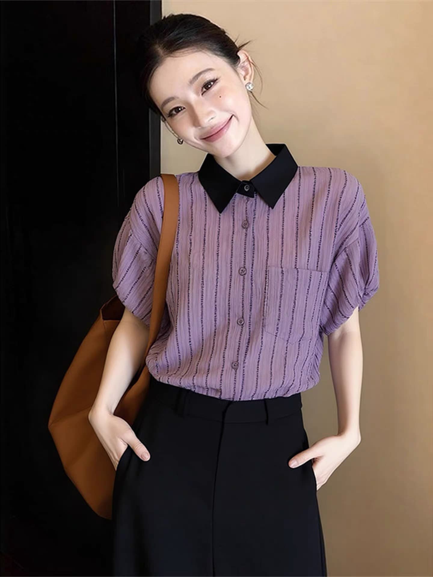 POLO 칼라 스트라이프 반팔 여성 셔츠 여름 2026 년 새로운 고급 센스 아름다운 맨위 연령 감소 다용도 작은 셔츠 이미지 2