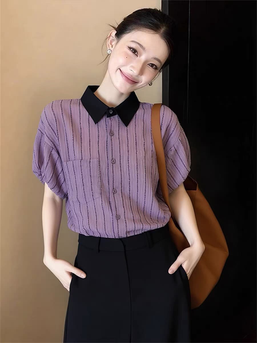 POLO 칼라 스트라이프 반팔 여성 셔츠 여름 2026 년 새로운 고급 센스 아름다운 맨위 연령 감소 다용도 작은 셔츠