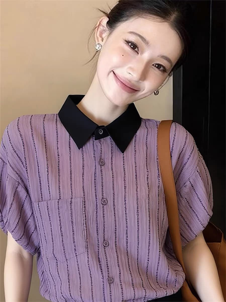 POLO 칼라 스트라이프 반팔 여성 셔츠 여름 2026 년 새로운 고급 센스 아름다운 맨위 연령 감소 다용도 작은 셔츠 이미지 3