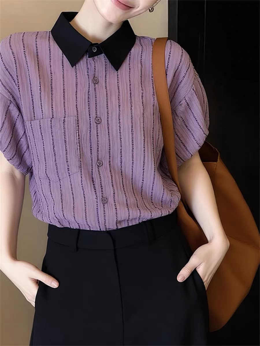 POLO 칼라 스트라이프 반팔 여성 셔츠 여름 2026 년 새로운 고급 센스 아름다운 맨위 연령 감소 다용도 작은 셔츠 상세 이미지 3