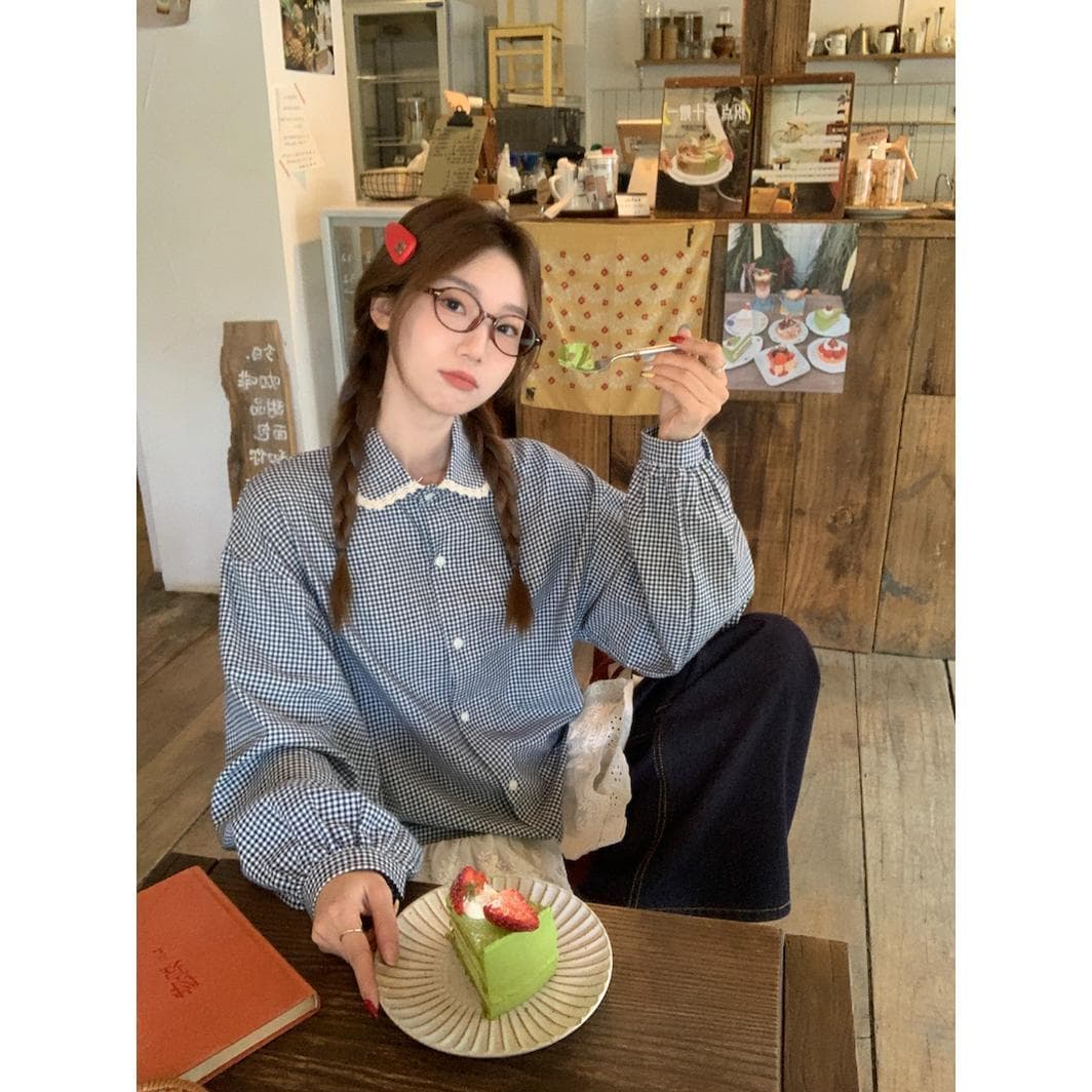 프랑스식 레트로 패치워크 레이스 레이스 체크무늬 여성 셔츠 2026 봄 가을 새로운 베이비 칼라 루즈핏 긴팔 맨위 이미지 5