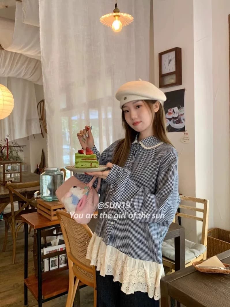 프랑스식 레트로 패치워크 레이스 레이스 체크무늬 여성 셔츠 2026 봄 가을 새로운 베이비 칼라 루즈핏 긴팔 맨위 상세 이미지 1