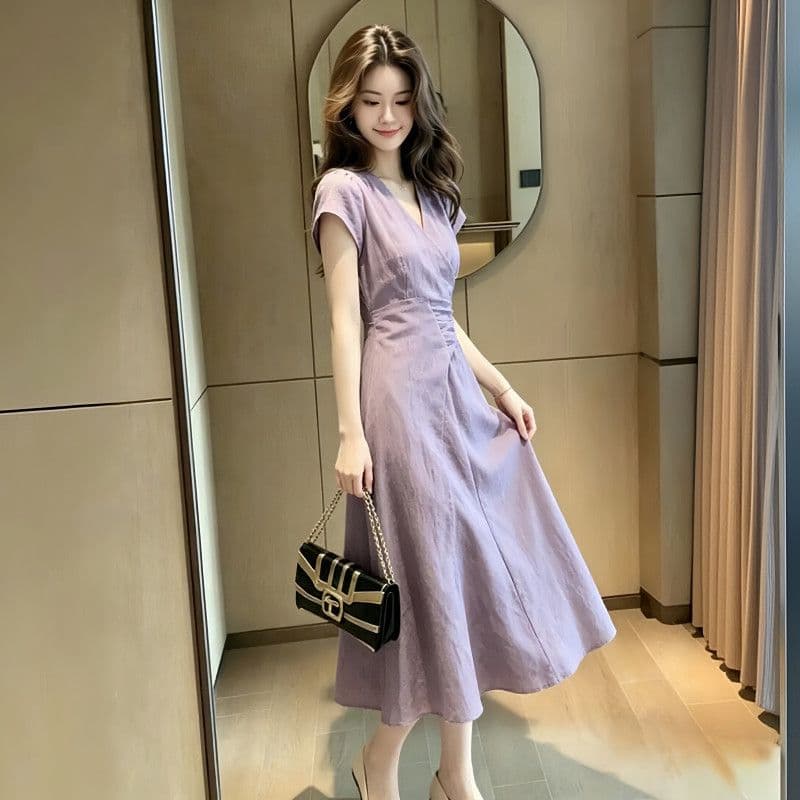프랑스식 아름다운 보라색 V넥 드레스 아이들 여름 2026 년 새로운 고급 센스 불규칙 품격 롱 스커트 상세 이미지 5