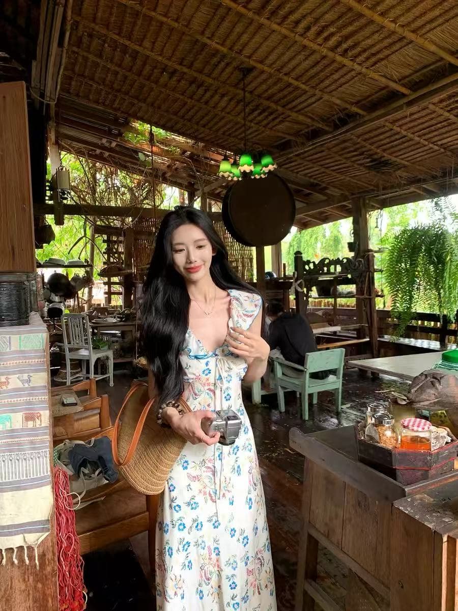 하나 달콤한 복숭아 yikett 꽃 꽃 바다 꽃무늬 여성 드레스 여름 슬립 꼬집기 허리 원피스 작은 치마 이미지 3