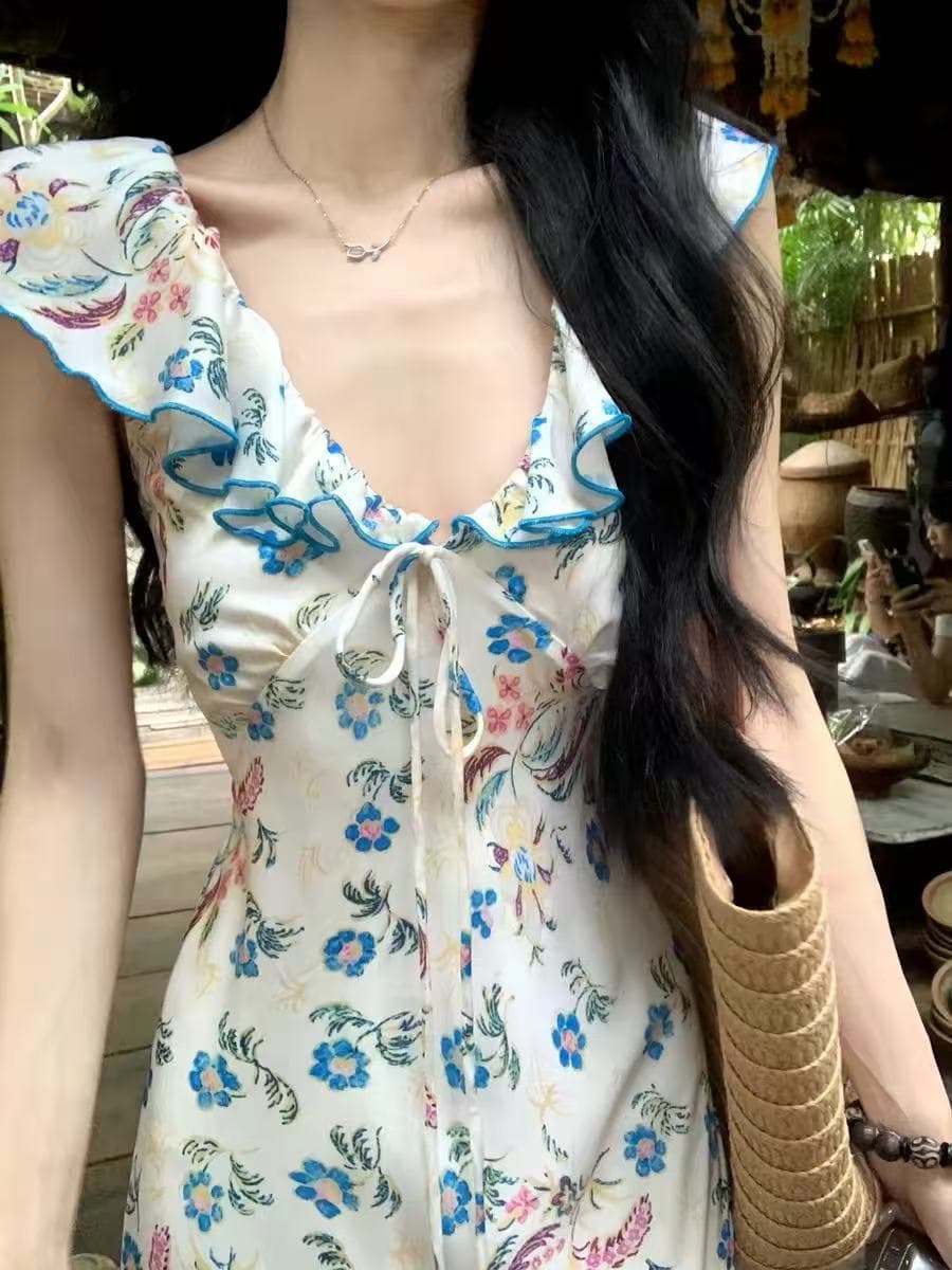 하나 달콤한 복숭아 yikett 꽃 꽃 바다 꽃무늬 여성 드레스 여름 슬립 꼬집기 허리 원피스 작은 치마 이미지 4