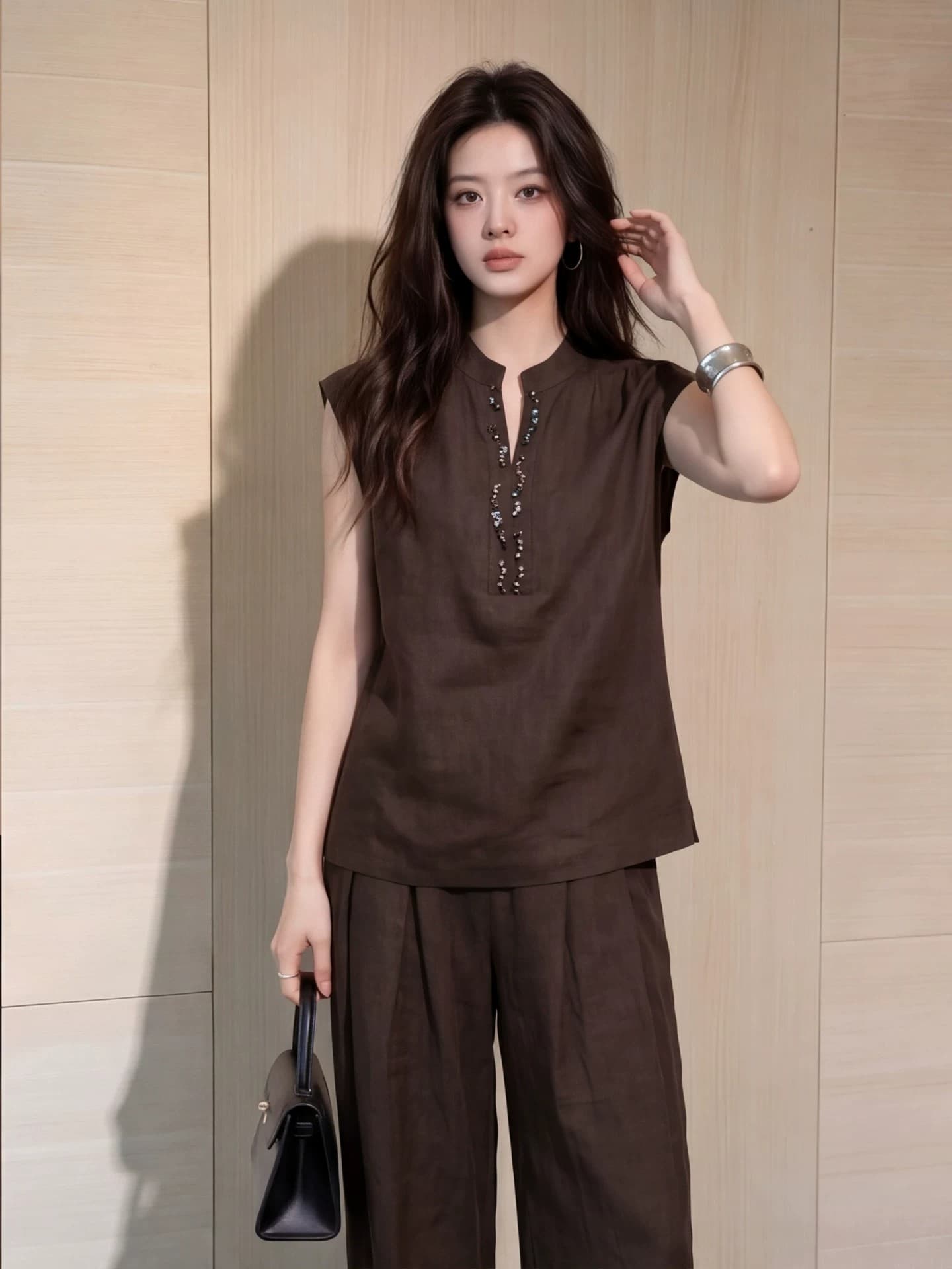 고급 센스 커피 색상 베스트 와이드 레그 팬츠 세트 여성 여름 새로운 고급 센스 출퇴근 품격 투피스 세트 이미지 2