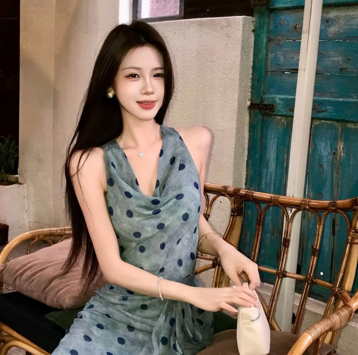 무쯔리 목자이 ~ 중 리 블루 웨이브 리플 그림자 프랑스식 V넥 도트 무늬 민소매 쉬폰 톱 도루 센스 슬림해 보이는 반 스커트 세트 상세 이미지 1