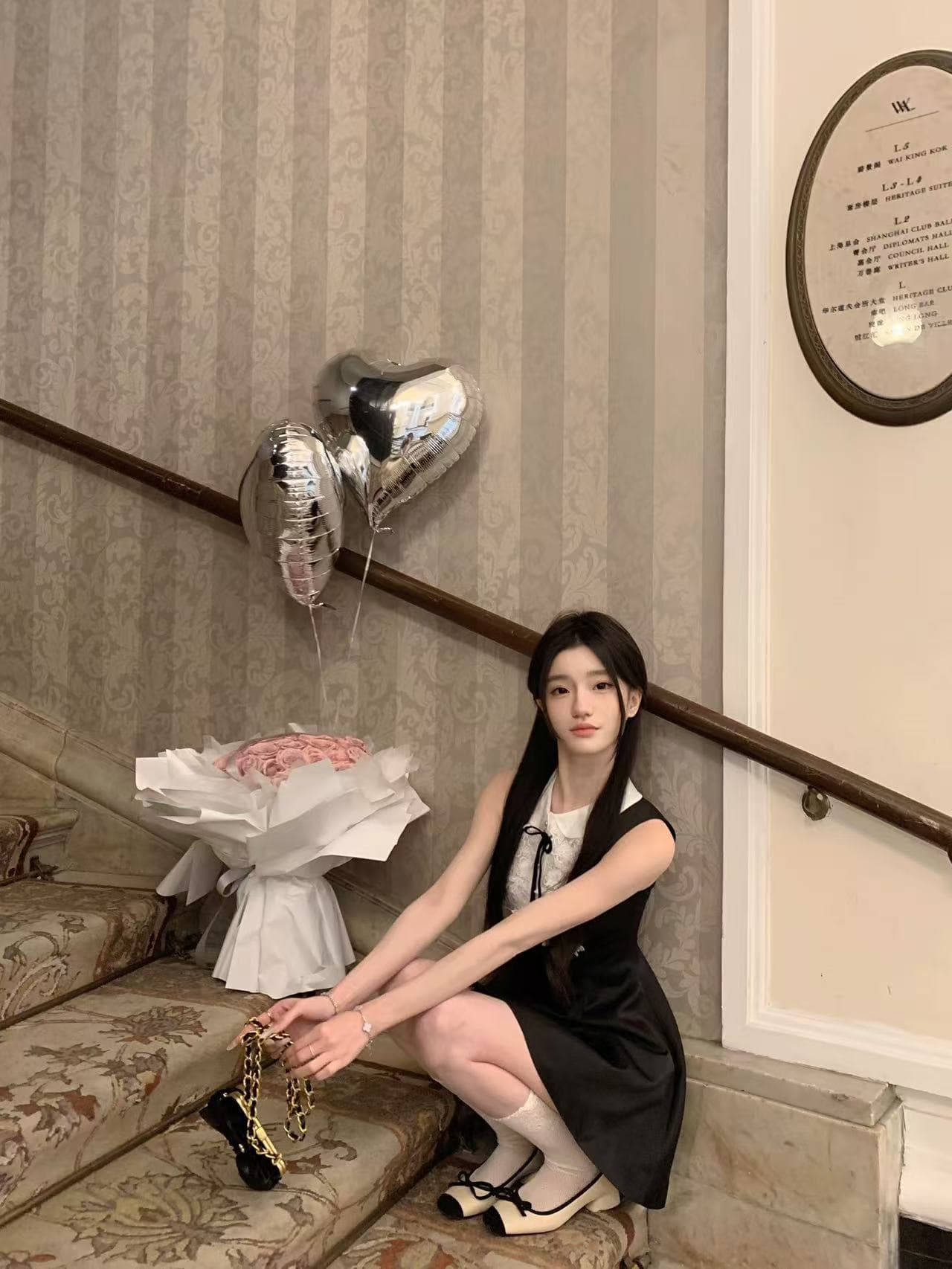 yyw 왕 란 ~ 중 자매 2.25 2 색 작은 천 골드 자수 민소매 드레스 상세 이미지 1