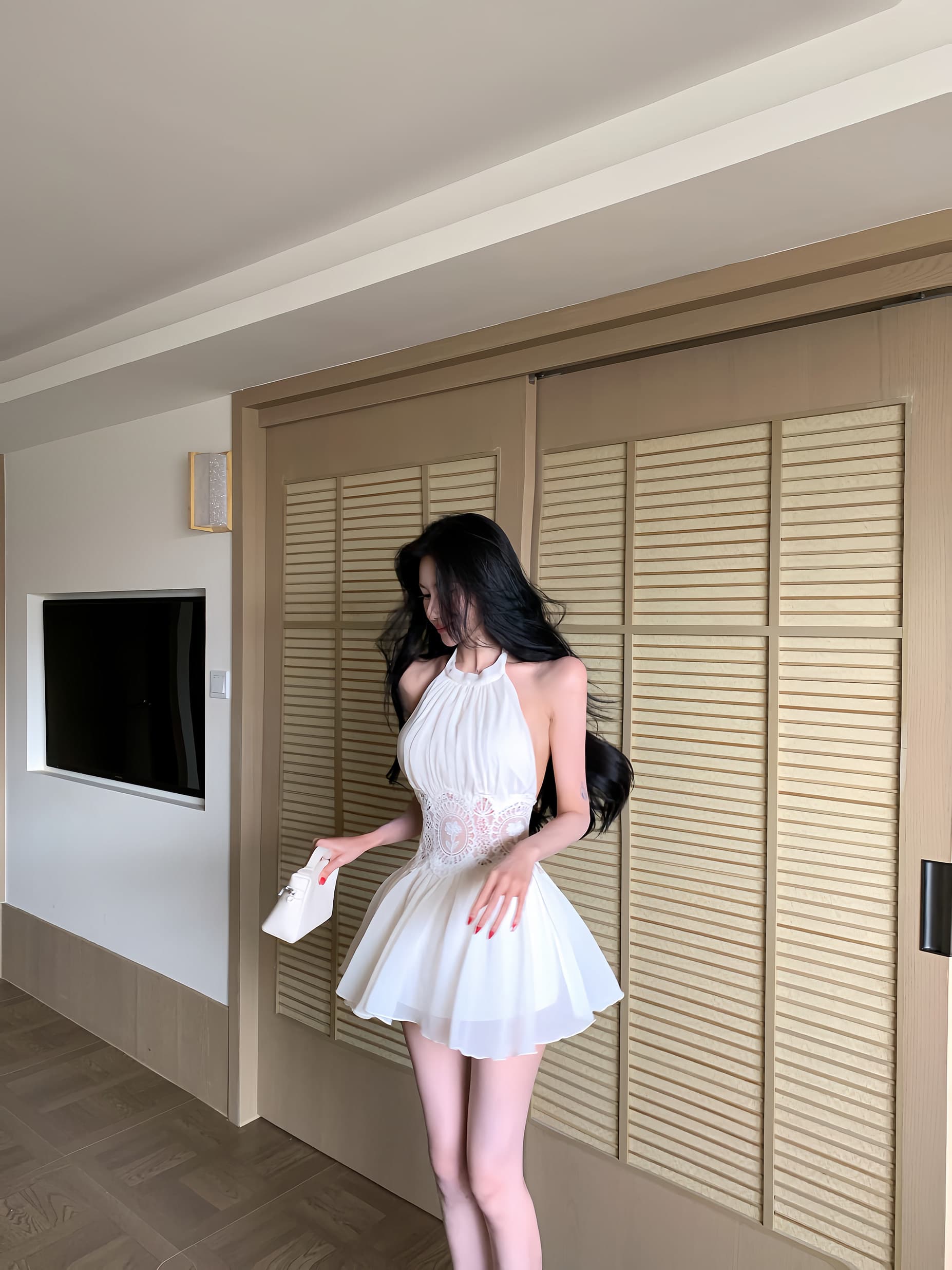 프랑스식 행침 목 여성 드레스 2026 여름 새로운 레이스 홀로우 아웃 A라인 스커트 백리스 치마 상세 이미지 4