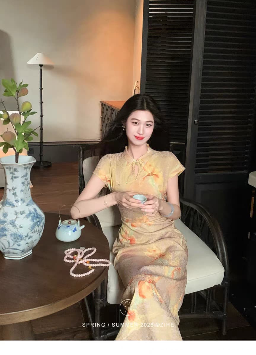 링 茜 거만한 와우 일어나세요. 시간 유 꿈 새로운 중식 플로팅 라이트 브로케이드 홀로우 아웃 스탠드 칼라 단추 허리 수축 슬림해 보이는 치파오 점프 슈트 이미지 4