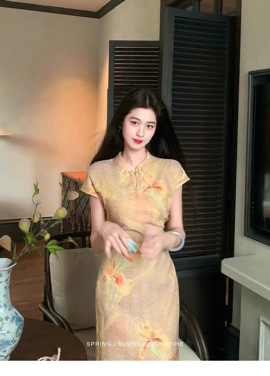링 茜 거만한 와우 일어나세요. 시간 유 꿈 새로운 중식 플로팅 라이트 브로케이드 홀로우 아웃 스탠드 칼라 단추 허리 수축 슬림해 보이는 치파오 점프 슈트 상세 이미지 2