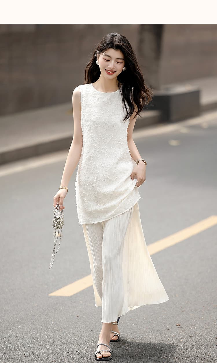유럽 만약 바람 페이크 레이어드 여름 얇고 가벼운 느긋한 3 차원 전단 꽃 없음 허리 선 스트레이트 플리츠 여성 드레스 이미지 4