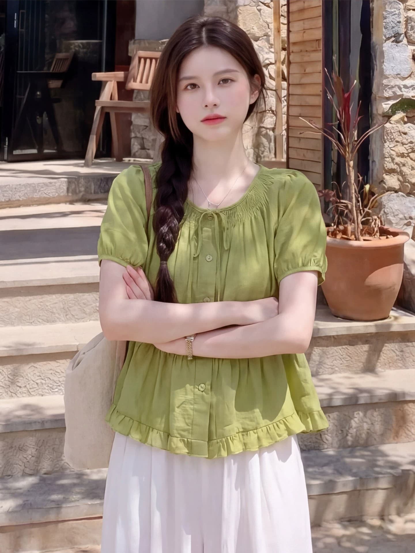 겨자 녹색 면 린넨 반팔 맨위 여성 여름 프랑스식 사소한 인형 셔츠 도파민 밝은 아름다운 거품 소매 세트 상세 이미지 4