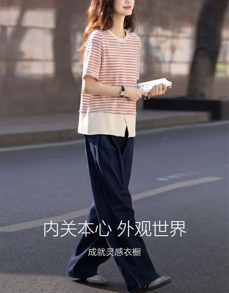 배색 패치워크 스트라이프 반팔 티셔츠 여성 여름 고급 센스 라운드 넥 트임 디자인 센스 슬림해 보이는 작은 키 티셔츠 여성 상세 이미지 11