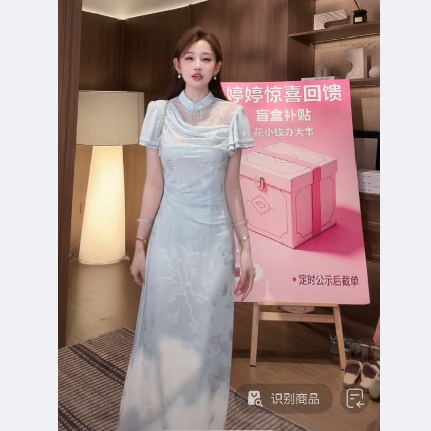 찌르기 맑은 물 푸른 하늘 얼음 치파오 디자인 흔들다 칼라 레이스 드레스 상세 이미지 3