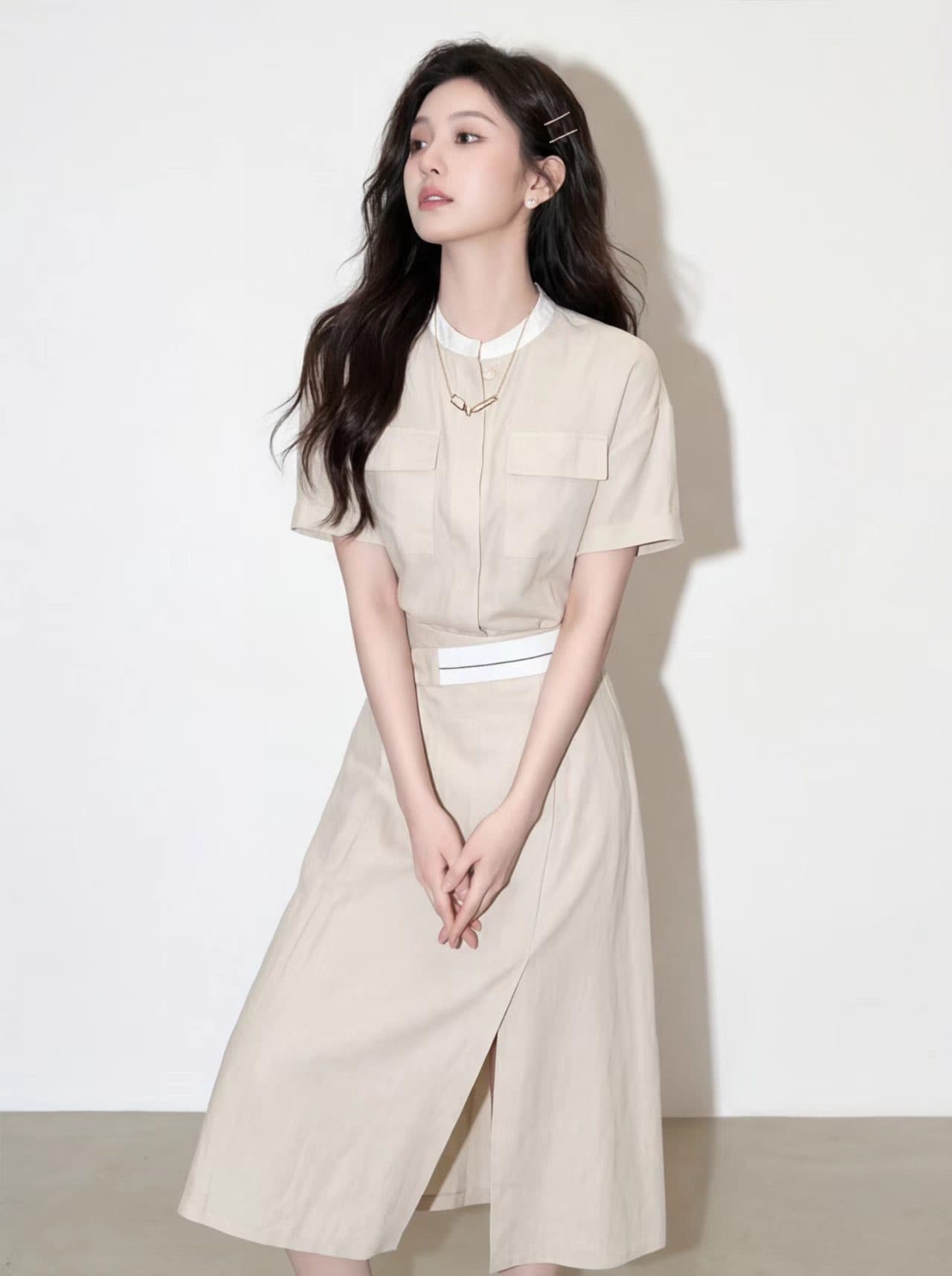 출퇴근 바람 스탠드 칼라 더블 주머니 반팔 셔츠 하이웨이스트 반신 스커트 허리 수축 배색 벨트 숙련 된 투피스 슈트 상세 이미지 2