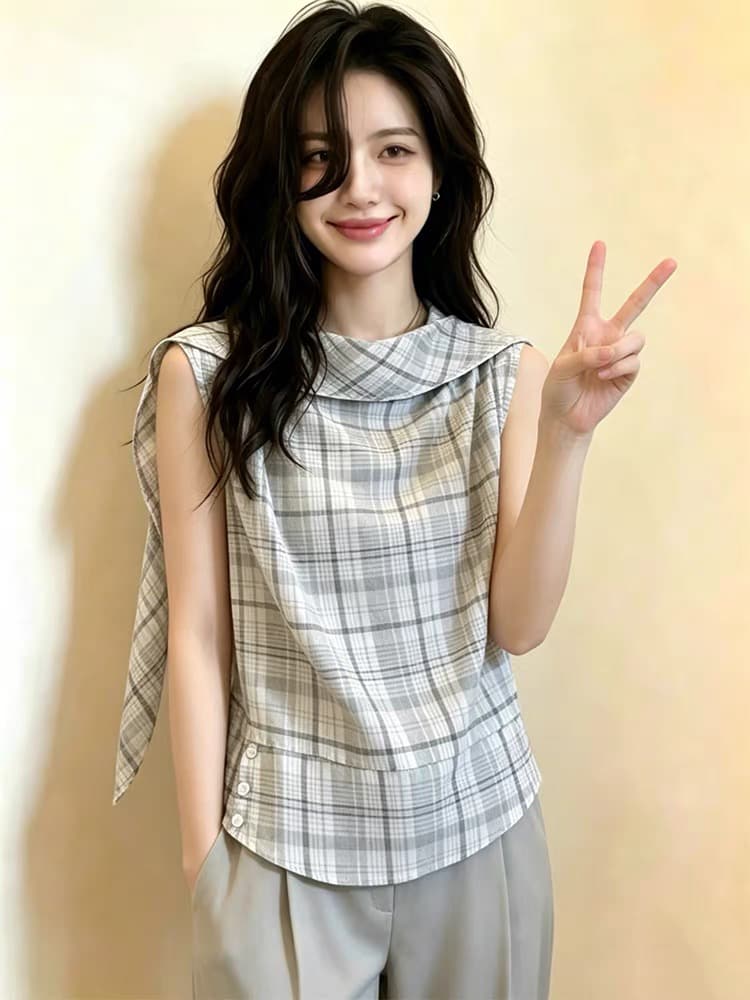 한 부서 배색 체크무늬 리본 민소매 여성 셔츠 새로운 여름 루즈핏 작은 키 외국 가스 연령 감소 맨위