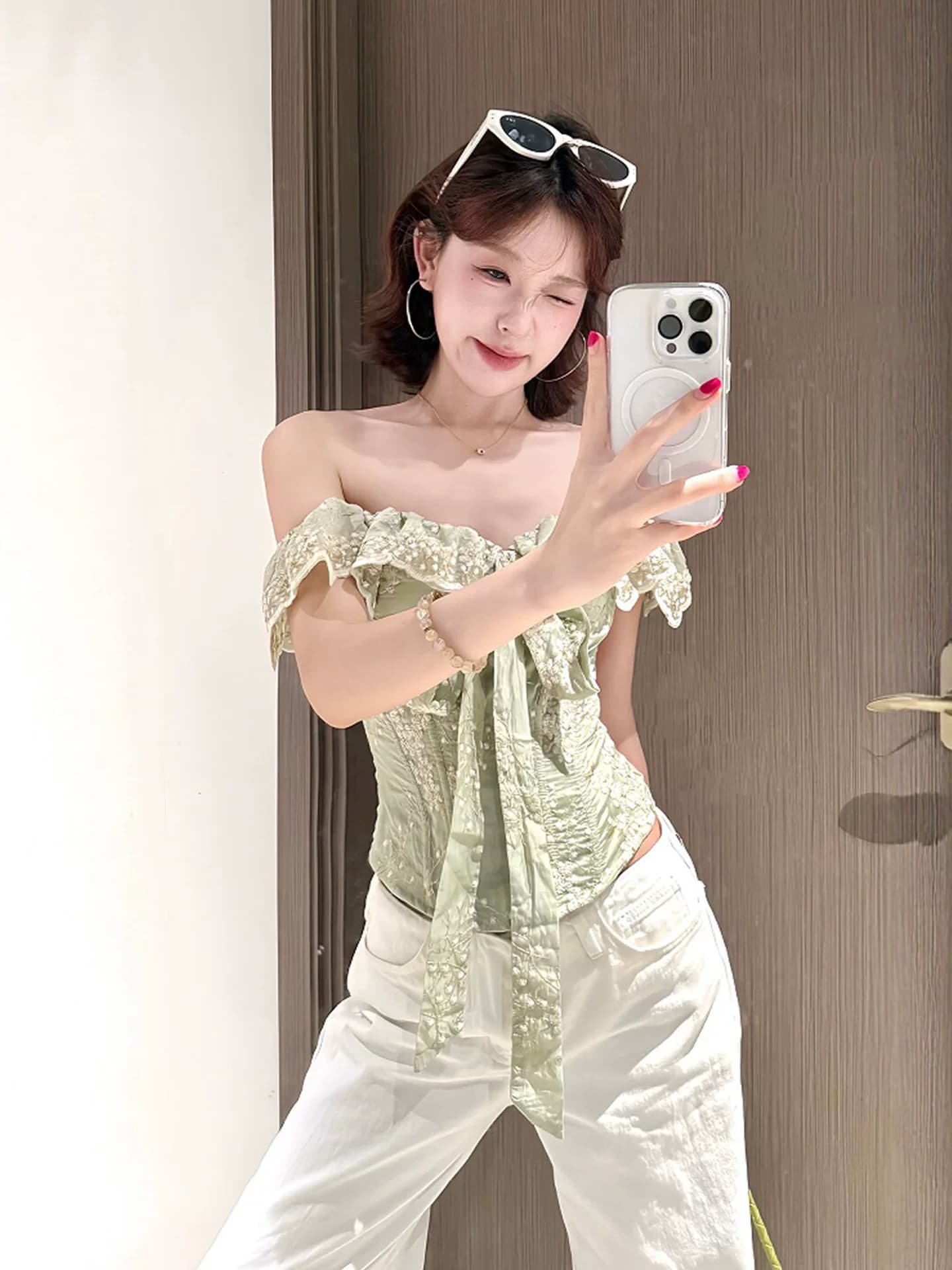 오프숄더 녹색 레이스 캐미솔 여름 코르셋 순수한 욕망 품격 허리 수축 쇼트 스타일 핫걸 맨위