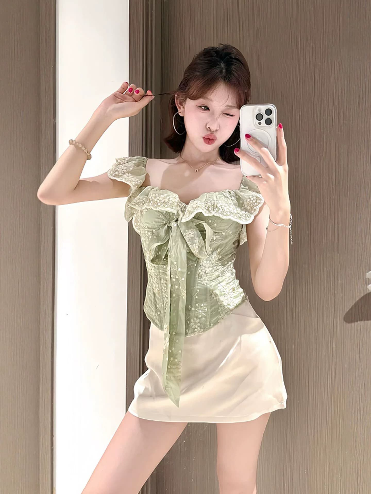 오프숄더 녹색 레이스 캐미솔 여름 코르셋 순수한 욕망 품격 허리 수축 쇼트 스타일 핫걸 맨위 상세 이미지 2