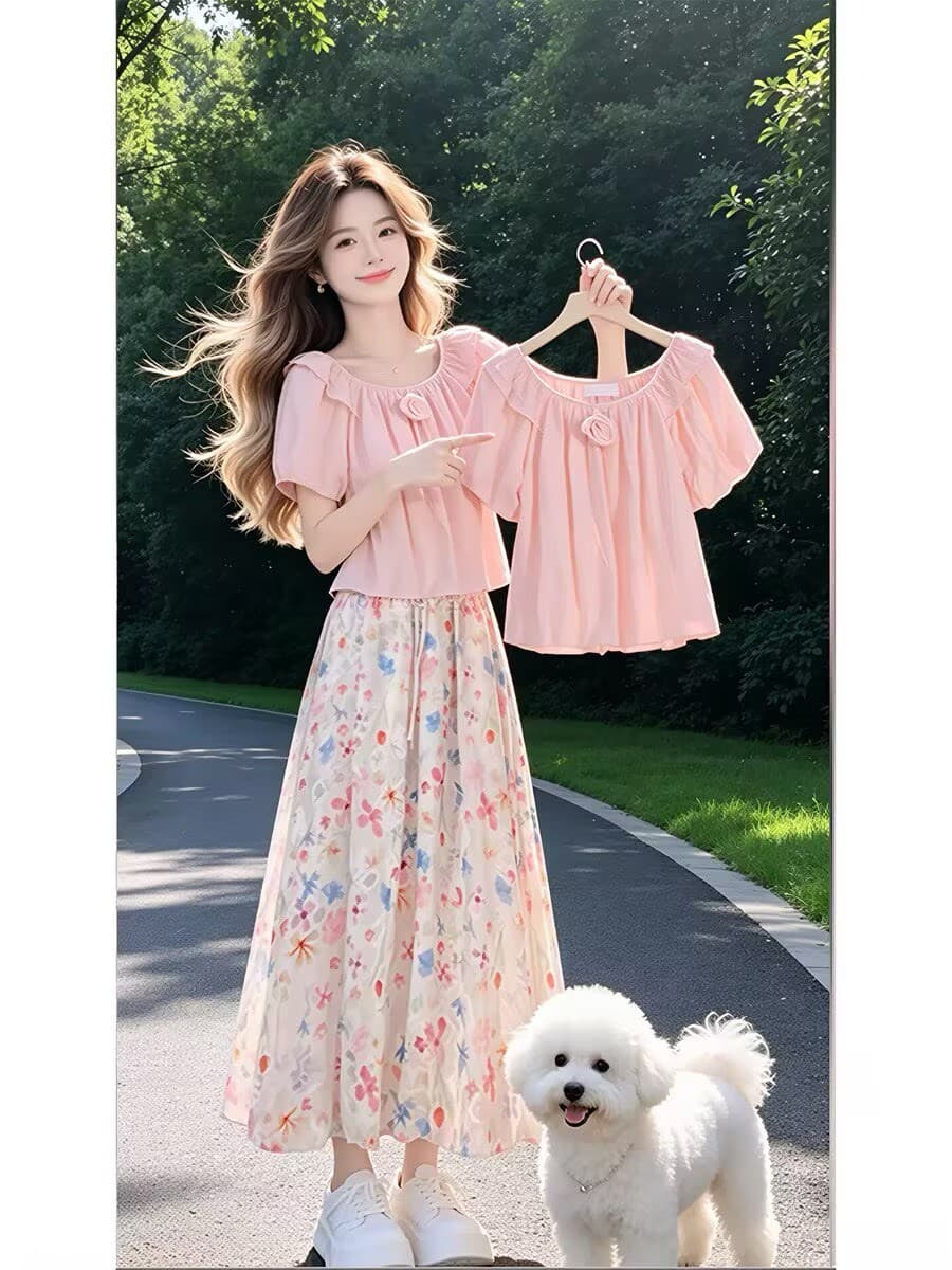 캐주얼 패션 세트 여성 2026 새로운 광장 칼라 프릴 반팔 맨위 수채화 물감 꽃무늬 큰 진자 반신 롱 스커트 이미지 2